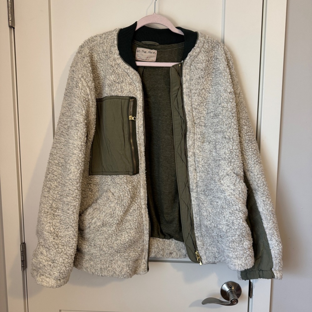We The Free Free People Sherpa Mixed Media Bomber Jacket Olive Green Cream Large